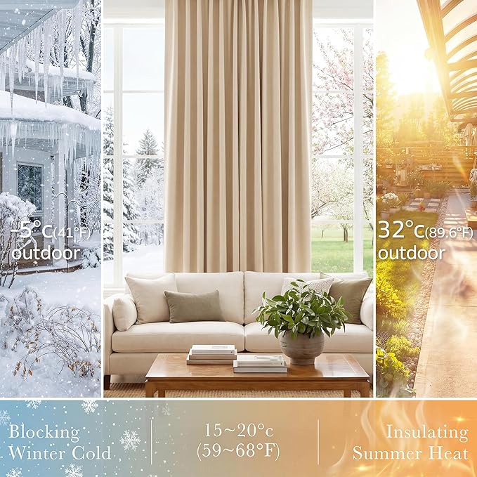 PONY DANCE Living Room Curtains - Window Treatments Blackout Curtain Panels Back Tab & Rod Pocket Draperies Energy Saving Drapes for Dining Room, W 52 by L 72, Biscotti Beige, 2 Pieces