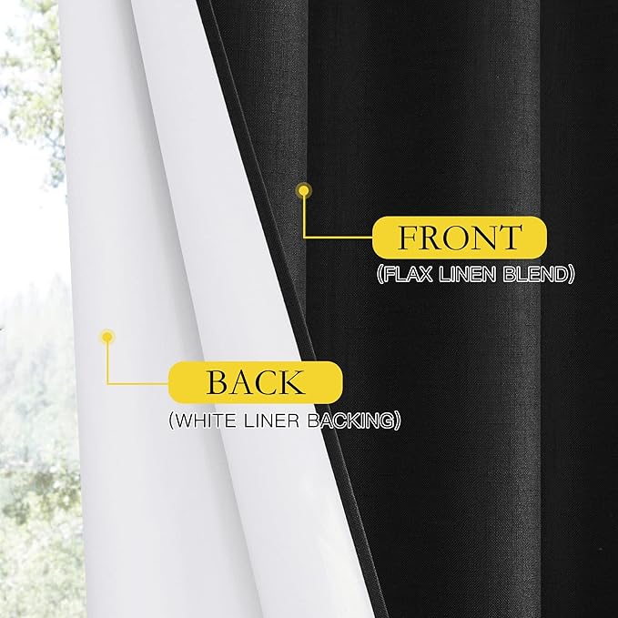 NICETOWN Vintage Open Linen Weave Flax Thermal Curtains, 100% Blackout Curtains 45" Long for Dining Room, Soundproof Window Treatment Drapes for Cafe, Black, 42" Wide Per Panel, Set of 2