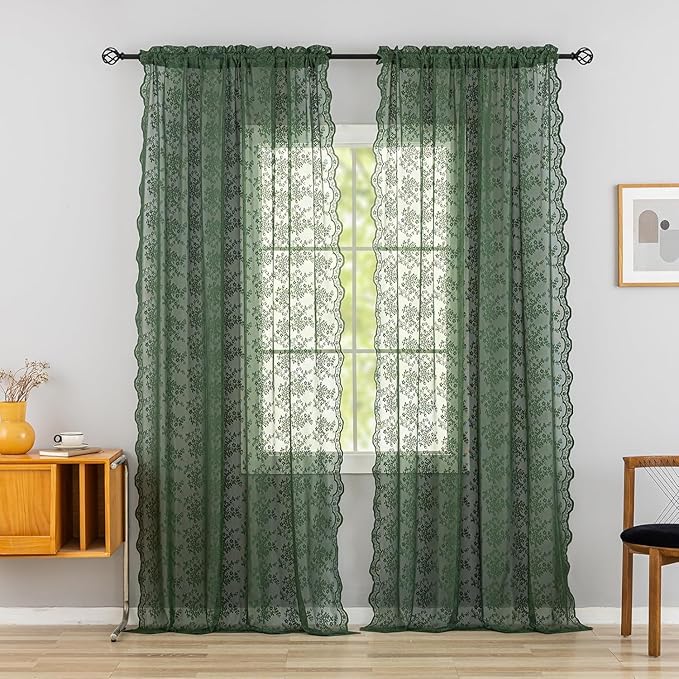 YJ YANJUN Vintage Lace Curtains 90 Inches Long-Victorian Floral Pattern Dark Green Sheer Curtain Panels for Ding Room Bedroom,Light Filtering, Retro Boho Neutral Aesthetic Decor 2 Panels 52W x 90L