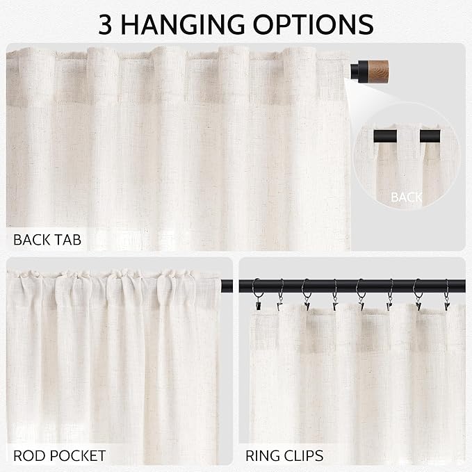 Ivory White Linen Curtains for Living Room 105 Inches Long Light Filtering Semi Sheer Curtain Back Tab Rustic Luxury Neutral Modern Farmhouse Decor Drapes for Bedroom Dinner Room 52x105, 2 Panels