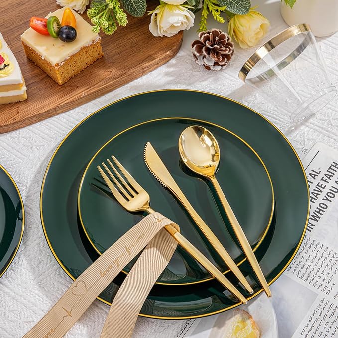 bUCLA 150PCS Green Plastic Plates - Green and Gold Disposable Include 25 Each (Dinner & Dessert) Plates, 25 Knives, 25 Forks, 25 Spoons and 25 Cups, Ideal for Party&Christmas