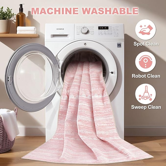Nakagishi Pink Rugs for Bedroom Girls: 7x9 Washable Boho Large Neutral Cute Soft Area Rug Modern Indoor Floor Non Slip Accent Carpet for Living Room Nursery Kids Playroom Preppy Room Dorm Baby Room