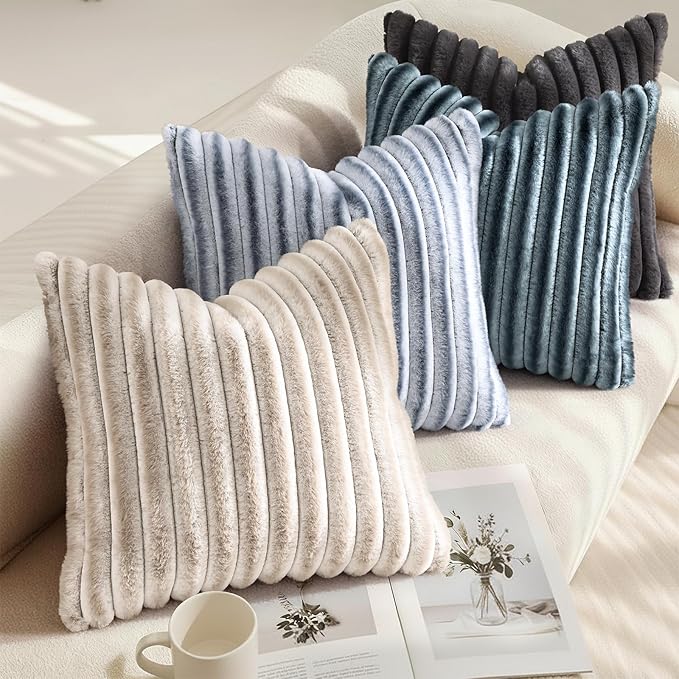decorUhome Cozy Faux Fur Throw Pillow Covers 26x26 Set of 2 Decorative Soft Plush Striped Modern Farmhouse Boho Couch Euro Sham Pillow Cases with Velvet Back for Sofa Bed Living Room, Dark Grey