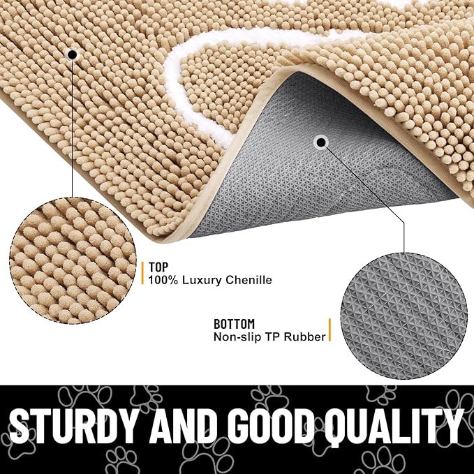 Smiry Dog Door Mat for Muddy Paws, Absorbent Dirt Trapper Non Slip Quick Dry Washable Chenille Mat for Mud Dogs, Entry Rug for Indoor and Outdoor (47x17 Inches, Beige and White)
