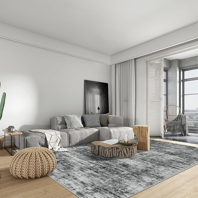 9x12 Area Rugs Washable Rug: Modern Abstract Living Room Rug Soft Anti-Skid Thin Carpet Indoor Floor Non-Shedding Carpets for Bedroom Dining Room Farmhouse Nursery Home Office Black