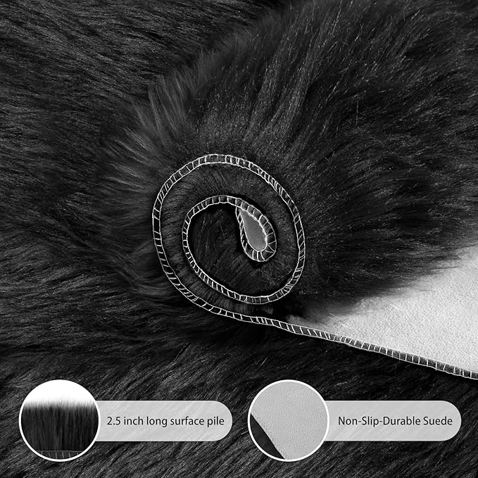 Ciicool Faux Sheepskin Rugs Soft Faux Fur Rugs Black Fluffy Chair Couch Cover Fuzzy Rug for Bedroom Floor Sofa Living Room 2x3 Feet