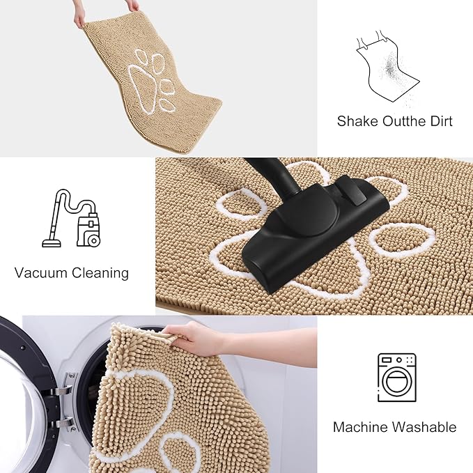 Smiry Dog Door Mat for Muddy Paws, Absorbent Dirt Trapper Non Slip Quick Dry Washable Chenille Mat for Mud Dogs, Entry Rug for Indoor and Outdoor (47x24 Inches, Beige and White)