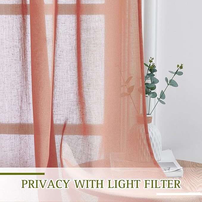 NICETOWN Linen Textured Semi Sheer Curtains for Large Windows, Ring Top Privacy with Light Filtering Flax Sheer Drapes for Bedroom/Living Room, Terracotta=Burnt Orange, W52 x L108, Set of 2