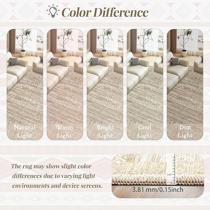 Living Room Rugs 8x10: Washable Moroccan Geometric Boho Rug Farmhouse Non Slip Stain Resistant Large Rug Low Pile Soft Carpet for Bedroom Dining Room Kids Room (Light Brown,8'x10')
