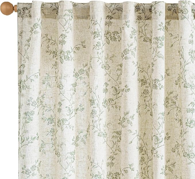 Lazzzy Farmhouse Linen Curtains Extra Long Green Floral Curtains 108 Inch Length Back Tab Drapes for Living Room Bedroom Light Filtering Country Vintage Rod Pocket, 2 Panels, Green on Beige