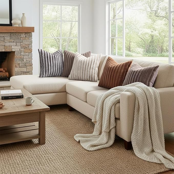 decorUhome Summer Cozy Faux Fur Throw Pillow Covers 18x18 Set of 2 Decorative Soft Plush Striped Modern Farmhouse Boho Couch Pillow Cases with Velvet Back for Sofa Bed Living Room, Beige White