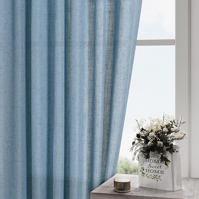 Nanspring Blue Curtains 80 Inches Length for Living Room Back Tab Rod Pocket Semi Sheer Linen Drapes Muted Neutral Boho Dusty Blue Linen Textured Window Curtain for Dining Room Bedroom 52X80 Inch