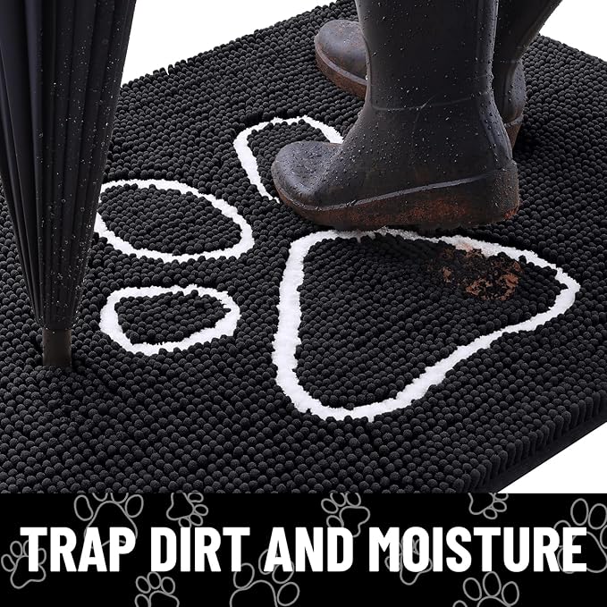 Smiry Dog Door Mat for Muddy Paws, Absorbent Dirt Trapper Non Slip Quick Dry Washable Chenille Mat for Mud Dogs, Entry Rug for Indoor and Outdoor (70x32 Inches, Black and White)