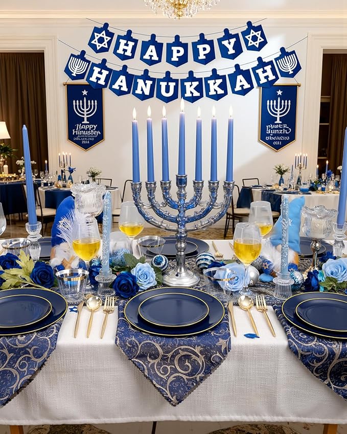 bUCLA 150PCS Blue and Gold Plastic Plates - 25 Guests Navy Blue Plastic Dinnerware Disposable for Party and Hanukkah - Include 25 Dinner/Dessert Plates, 25 Knives, 25 Forks, 25 Spoons, 25 Cups