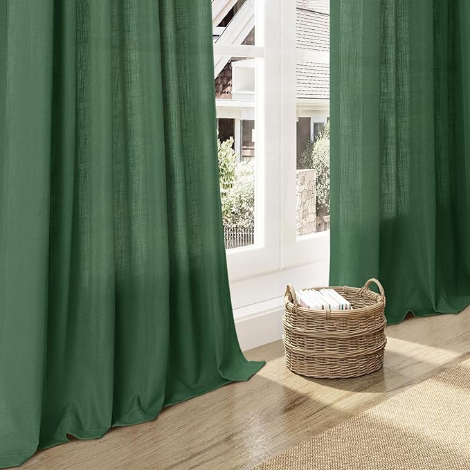Green Semi Sheer Curtains 120 Inches Long 2 Panels Set Back Tab Loop Pocket Linen Blend Boho Large Window Curtain Extra Long Light Filtering Drapes High Ceiling Curtains for Living Room 52x120