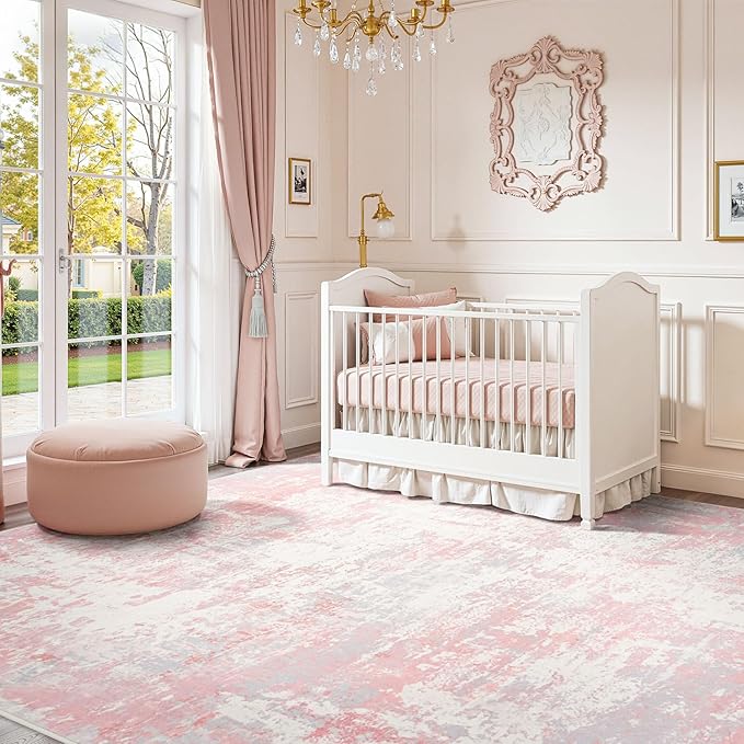 Rugflix 8x10 Area Rugs for Kids Girls Room, Washable Large Rug Stain-Resistant Low Pile, Modern Non Slip Carpet for Nursery Bedroom Living Room Home Office, Pink