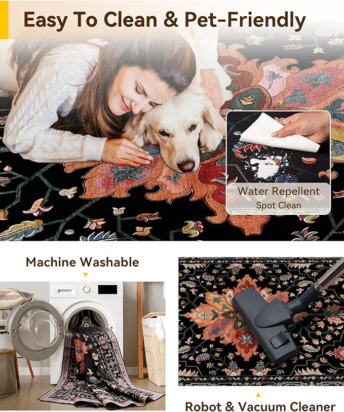 Area Rugs 5'x7' Washable Non-Slip, Floral Vintage Distress Print Pattern Medallion Carpet for Living Room Bedroom Dining Room, Black Colorful Floral Dark Tan