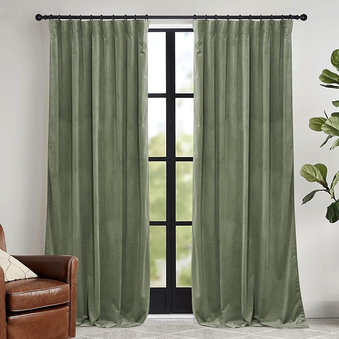 RYB HOME Sage Green Velvet Curtains with Hook Tape, Thermal Insulated Privacy Protect Decorative Drapes for Bedroom Dining Room, W 62 x L 96 inches, 2 Panels Set