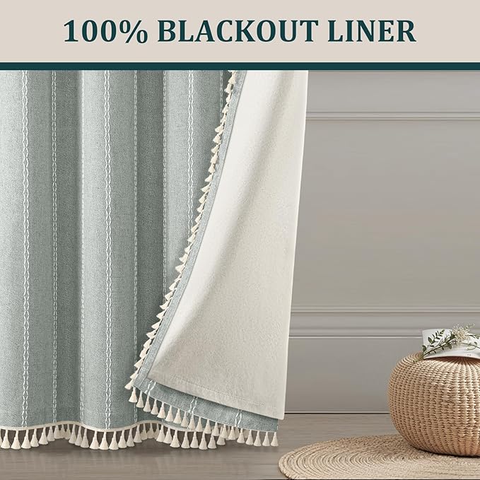 Teal Boho Blackout Curtains 90 Inches Long Light Green Linen Blend 2 Panels with Tassels and Cotton Embroidery, Farmhouse Vintage Rustic Rod Pocket Drapes for Living Room or Bedroom