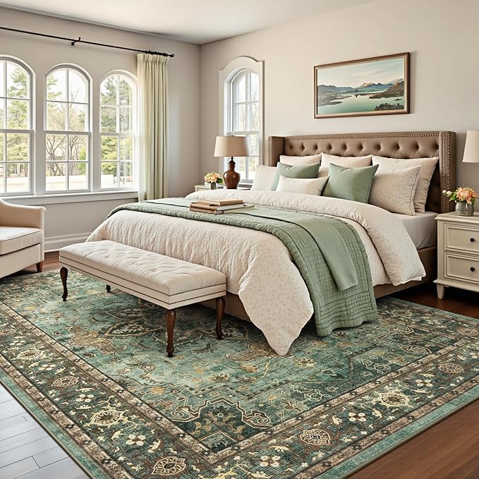 Lofus 5x7 Area Rugs for Living Room, Washable Area Rug, Rugs for Bedroom, Kitchen, Vintage Boho Carpet, Soft Non-Slip, Low Pile Large Area Rug for Office Dining Room, Green