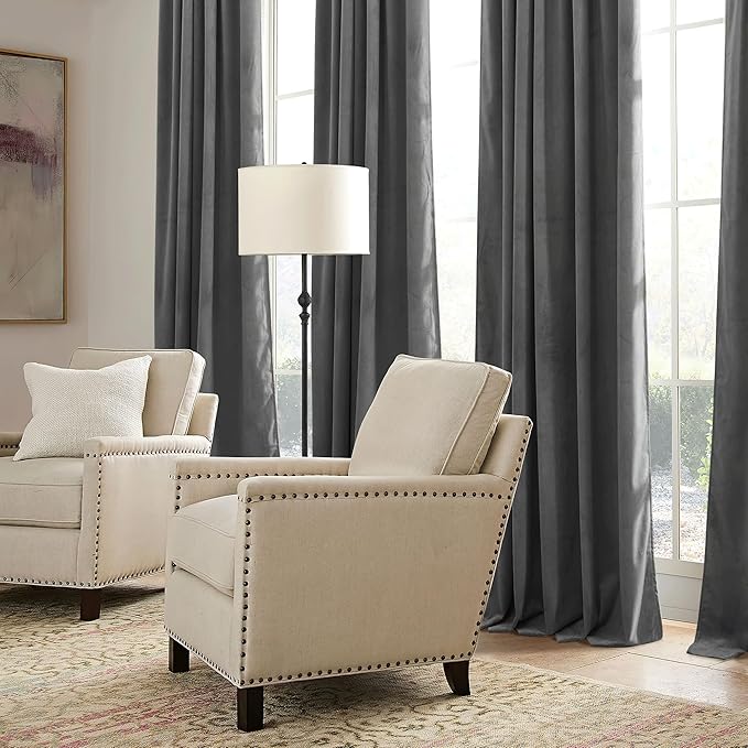 RYB HOME Grey Velvet Curtains 72 inches with Hook Belt, Soft Fabric Room Darkening Thermal Insulated Luxurious Home Decor Curtains for Living Room Bedroom, W 52" x L 72", 2 Panels Set