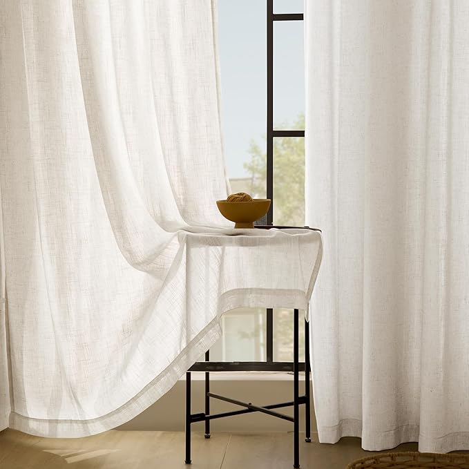 Cream Linen Curtains 63 inch Length 2 Panel Set for Living Room Back Tab Rod Pocket Semi Sheer Light Filtering Bedroom Window Curtain 63 inch Long Modern Farmhouse Neutral Ivory Linen Drapes 42x63