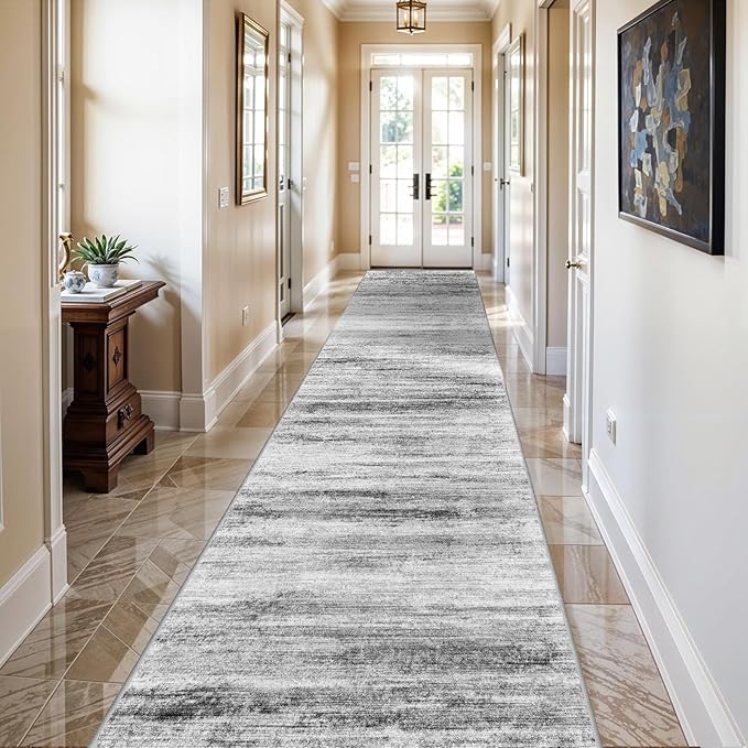 2'6''x10' Washable Runner Rugs for Hallway: Easy-to-Clean Abstract Runners for Entryway Bedroom - Stain and Water Resistant Rugs with Non-Slip Backing - Soft Low-Pile Carpet Grey