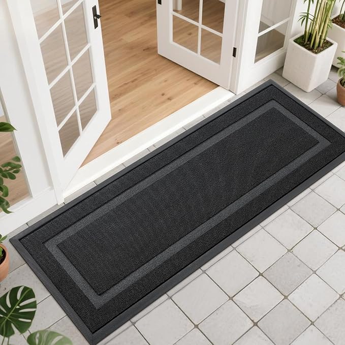 OLANLY Front Door Mat Indoor Outdoor Entrance, Waterproof All-Season, All-Weather Doormat, Sturdy Natural Rubber, Low Profile, Easy Clean Patio Porch Entryway Mat, 47x17, Jet Black