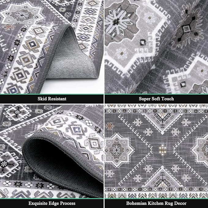 HEBE Boho Kitchen Rug Sets 3 Piece with Runner Non Slip Kitchen Rugs and Mats Washable Kitchen Mats for Floor Thick Kitchen Floor Mat Carpet Runner Rugs for Hallway Laundry Holiday Decor