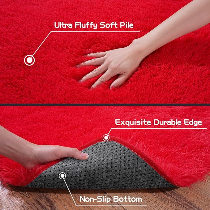 Pionblank Fluffy Small Rug for Bedroom 2x3 Feet, Shag Soft Area Rug for Bedside, Modern Plush Cute Carpet for Kids Girls Boys Room Nursery Decor, Red