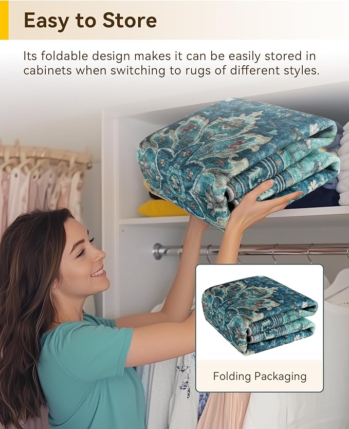 Area Rugs 7ft Washable Non-Slip, Floral Vintage Distress Print Pattern Medallion Carpet for Living Room Bedroom Dining Room, Teal Green Lake Blue Turquoise
