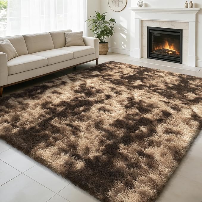 8x10 Fluffy Area Rugs for Living Room,Shag Area Rug for Bedroom,Soft Fuzzy Rug Non-Shedding Indoor Plush Carpet for Kids Bedroom Nursery Home Decor,Tie-Dyed Coffee