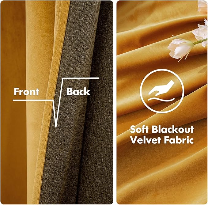 MIULEE 2 Panels Blackout Velvet Curtains Solid Soft Grommet Mustard Yellow Curtains Thermal Insulated Soundproof Room Darkening Curtains/Drapes/Panels for Fall Living Room Bedroom 52 x 72 Inch