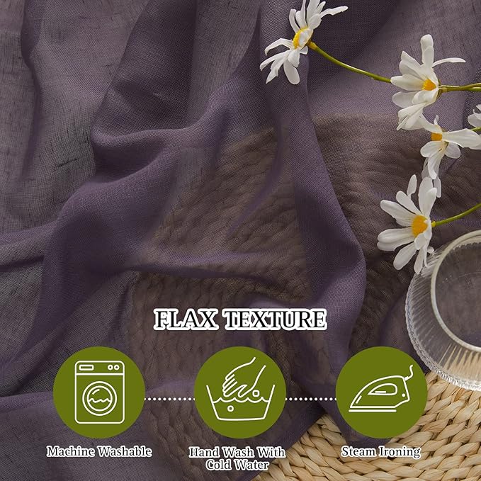 NICETOWN Faux Flax Linen Sheer Living Room Curtains, Grommet Elegant Semi Sheer Curtains Privacy Light Filtering Vertical Drapes for Kids Room/Daughter, W52 x L90, Purple Brown, 2 Panels
