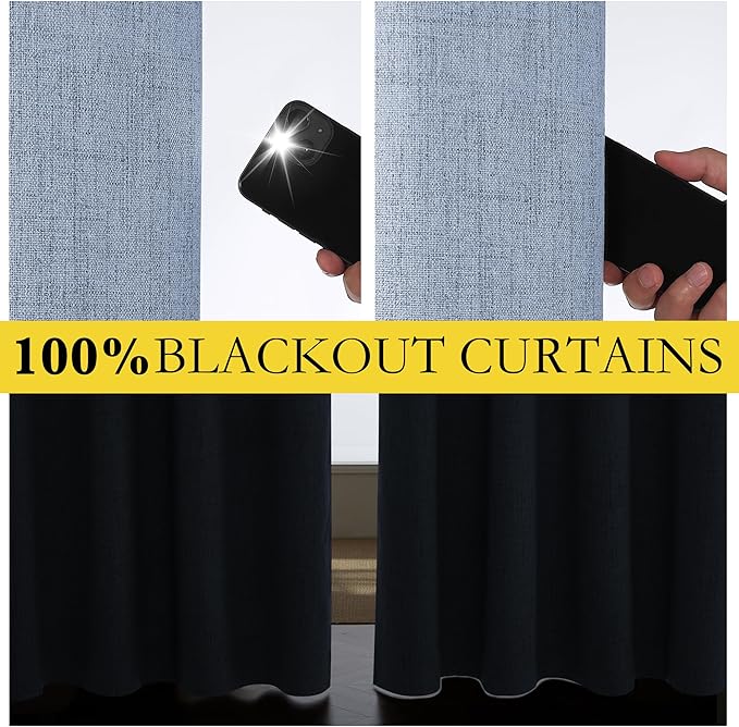 NICETOWN Stone Blue Vintage Linen 100% Blackout Curtains for Living Room, Thermal Insulated Curtains 102" Long, Noise Reducing Window Treatment Drapes for Hall Room, 52" Wide Per Panel, Set of 2