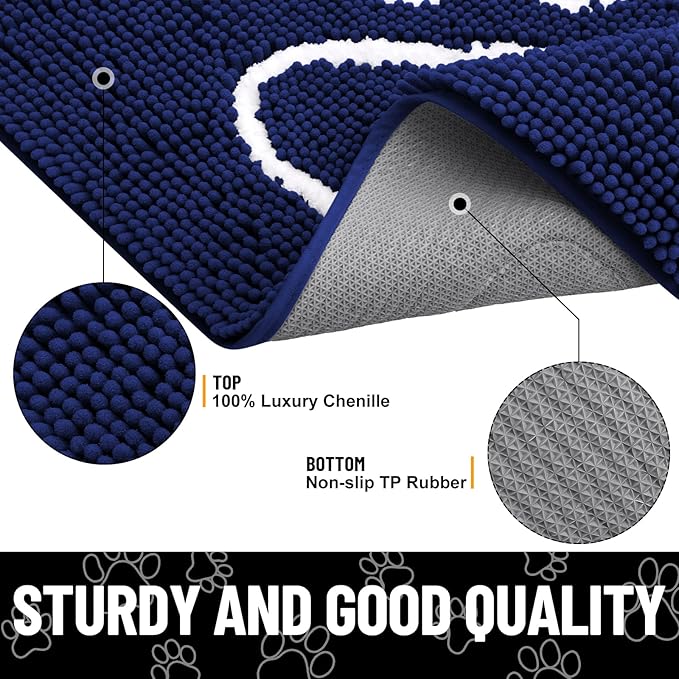 Smiry Dog Door Mat for Muddy Paws, Absorbent Dirt Trapper Non Slip Quick Dry Washable Chenille Mat for Mud Dogs, Entry Rug for Indoor and Outdoor (40x32 Inches, Navy Blue and White)