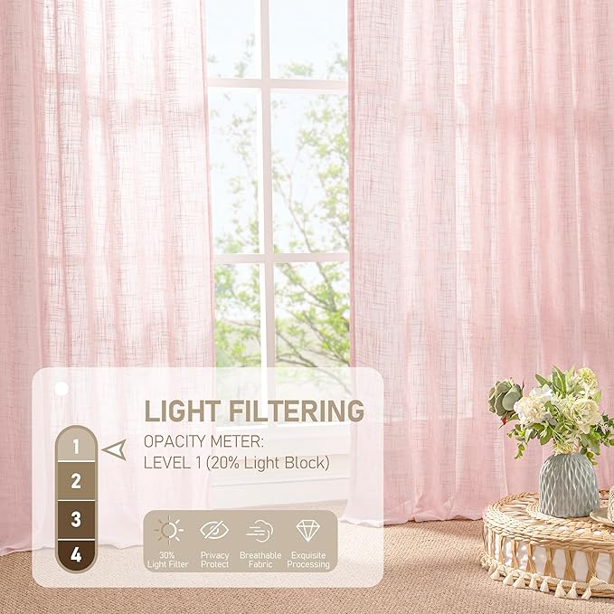 LAMIT 36 Inch Length Linen Curtains for Small Windows, Semi Sheer Light Filtering Panels Back Tab and Rod Pocket Country Decor Drapes for Basement/Kitchen, Pink, 2 Panels, 34 x 36 Inch