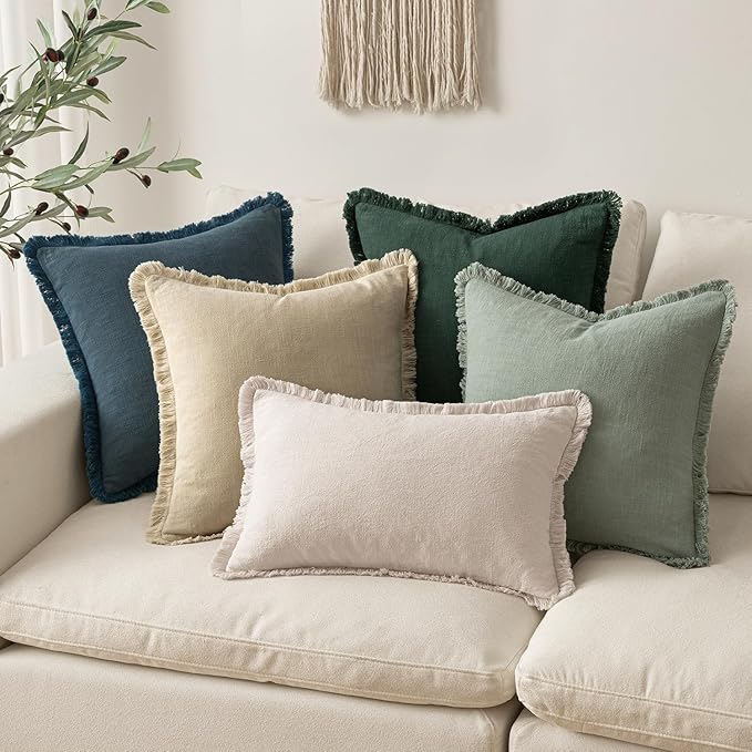 MIULEE Decorative Throw Pillow Covers Neutral Linen Fringe Throw Pillows Euro Shams Set of 2 Beige Boho Farmhouse Cushion Covers for Couch Sofa Bed Living Room Spring Home Decor 22x22 Inch