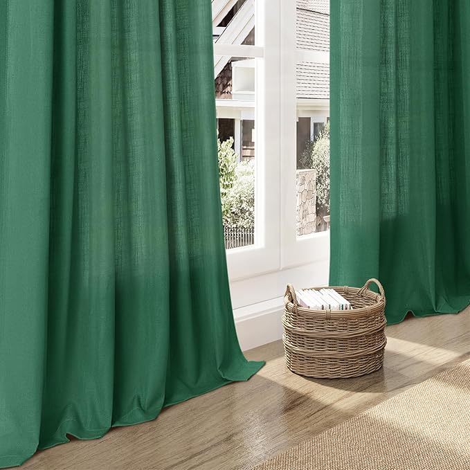 Dark Green Linen Curtains 102 Inches Long Rod Pocket Back Tab Drapes 2 Panels Set for Living Room Sheer Light Filtering Sheer Emerald Green Curtain 102 Length for Patio Sliding Glass Door 52x102
