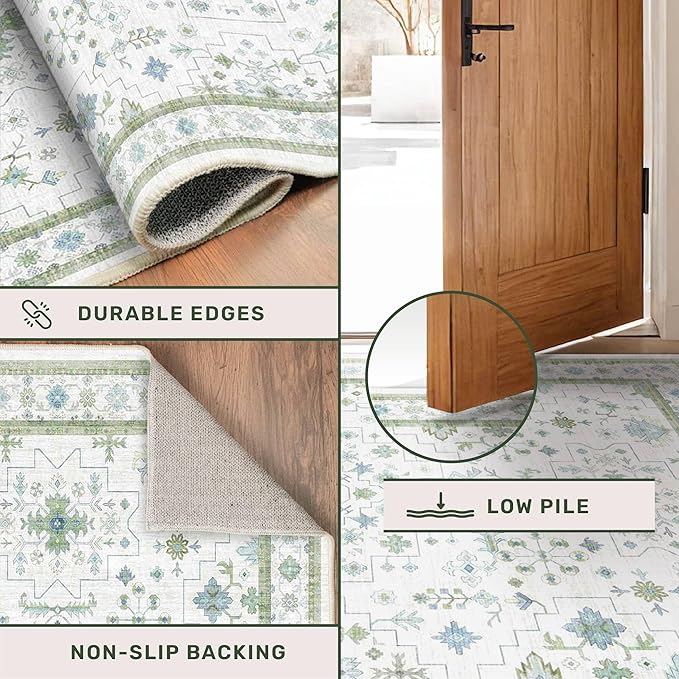 Hazo Haus Oushak Wide Hallway Runner Rug 2'6"x10' - Vintage Turkish Floral, Washable Low Pile Non Slip 10ft Wide Runners for Kitchen, Hall Way - Blue and Green