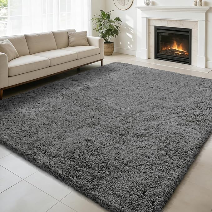 Ultra Soft Fluffy Area Rugs for Bedroom Living Room 10x12, Nursery Rug, Non-Slip Carpet for Kids Dorms Decor, Shaggy Bedside Rug, Deep Grey
