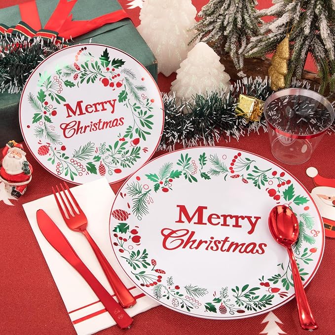 bUCLA 175PCS Christmas Plates Dinnerware Set - Green and Red Christmas Plastic Plates and Napkins Disposable Include 25 Dinner Plates,25 Dessert Plates,75 Cutlery,25 Cups&25 Napkins
