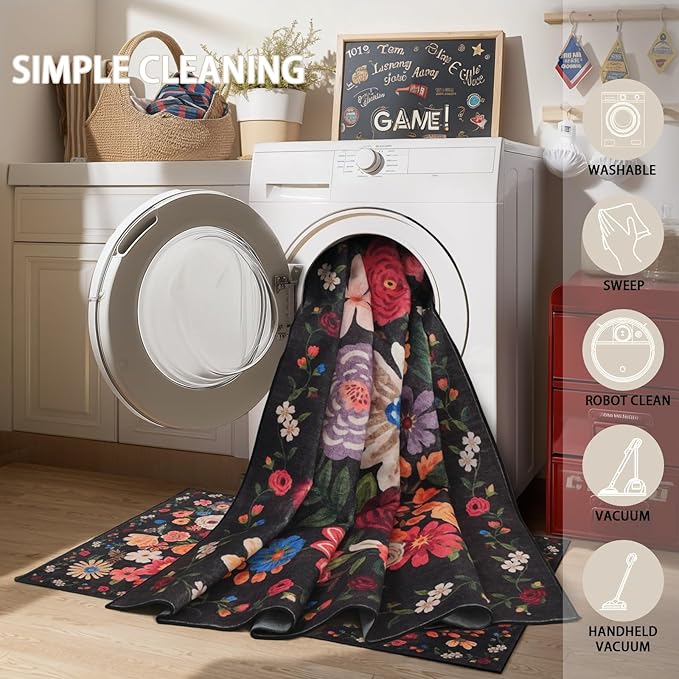 Floral Machine Washable Rug Black/Brown, 3x5 Rug Non Slip Soft Bedroom Rugs for Entryway Dorm, Ultra-Thin Rugs for Bedroom Stain Resistan(3 x 5, Black/Brown)