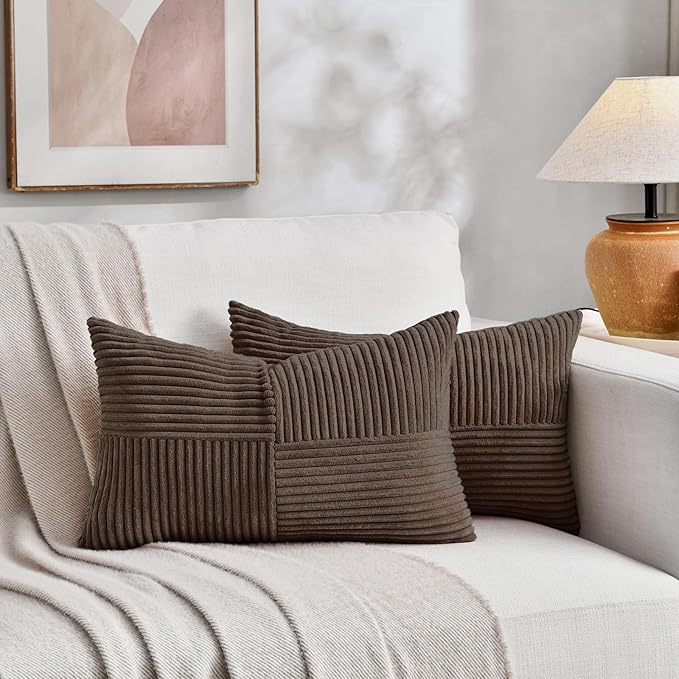 Fancy Homi 2 Packs Dark Brown Lumbar Decorative Throw Pillow Covers 16x32 Inch for Living Room Couch Bed, Rustic Farmhouse Boho Home Decor, Soft Striped Corduroy Rectangle Accent Cushion Case 40x80 cm