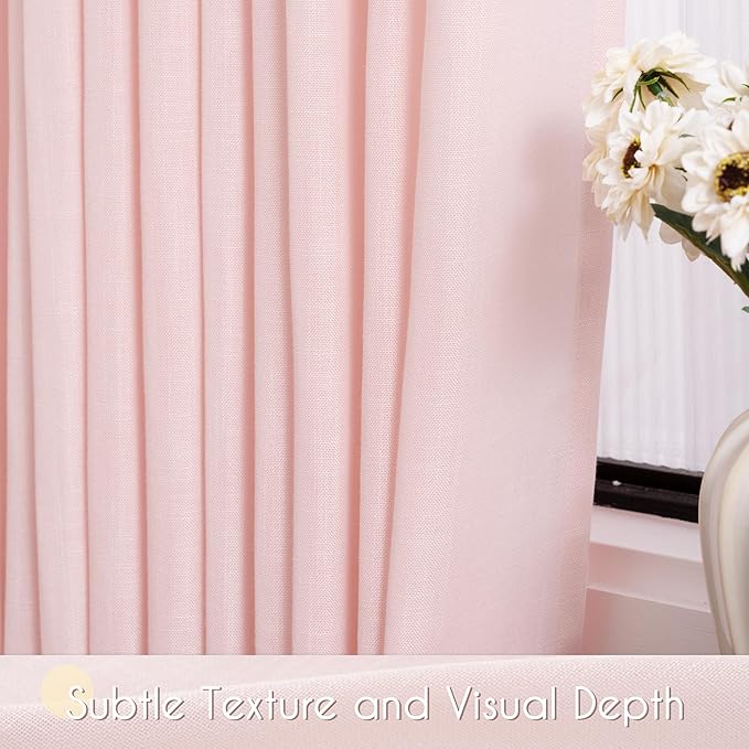 Blush Pink Semi Sheer Linen Curtains for Girls Bedroom Room 96 Inches Long Light Filtering Back Tab Curtain Living Room Farmhouse Linen Look Shiny Sheer Drapes Baby Pink 52ﾗ96 Inch