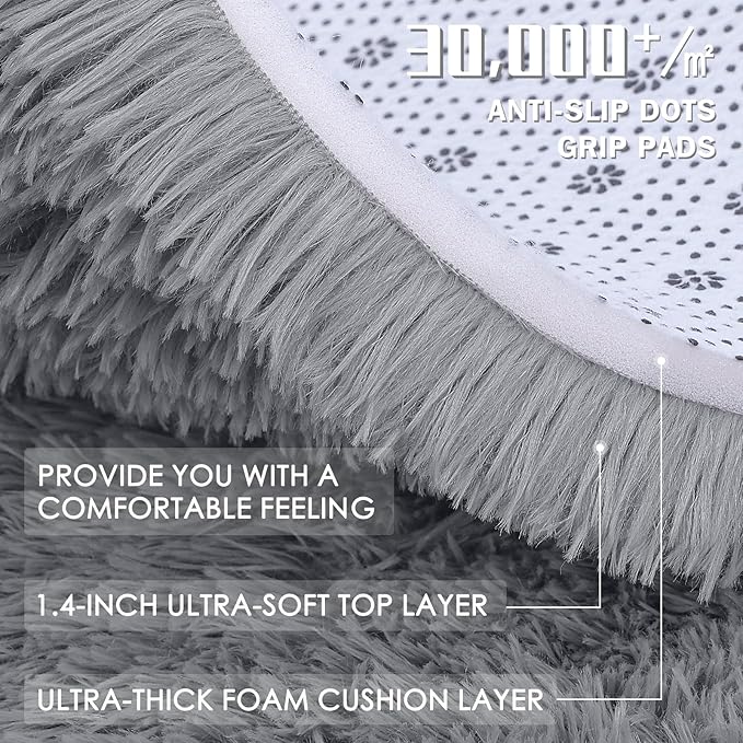 OLANLY Light Grey Round Rugs for Bedroom - Machine Washable, 7 ft Circle Area Rugs for Living Room, Soft and Fluffy Shaggy Carpet for Teen Girls and Boys, Nursery Rooms, Dorms, Home Decor Aesthetic