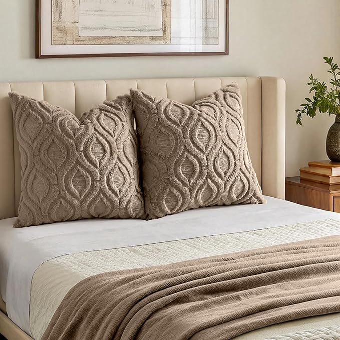 decorUhome Throw Pillow Covers 16x16 Inch Set of 2, Soft Plush Faux Wool Light Brown Solid Couch Pillow Covers, Accent Farmhouse Neutral Square Pillow Cases for Sofa Bed Living Room