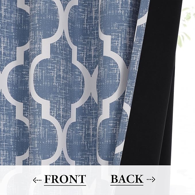 Beauoop 100% Blackout Curtains 63 Inches Long 2 Panels for Bedroom Living Room Blue Moroccan Geo Room Darkening Thermal Insulated Soundproof Rod Pocket Back Tab Window Treatments Drapes, 50x63