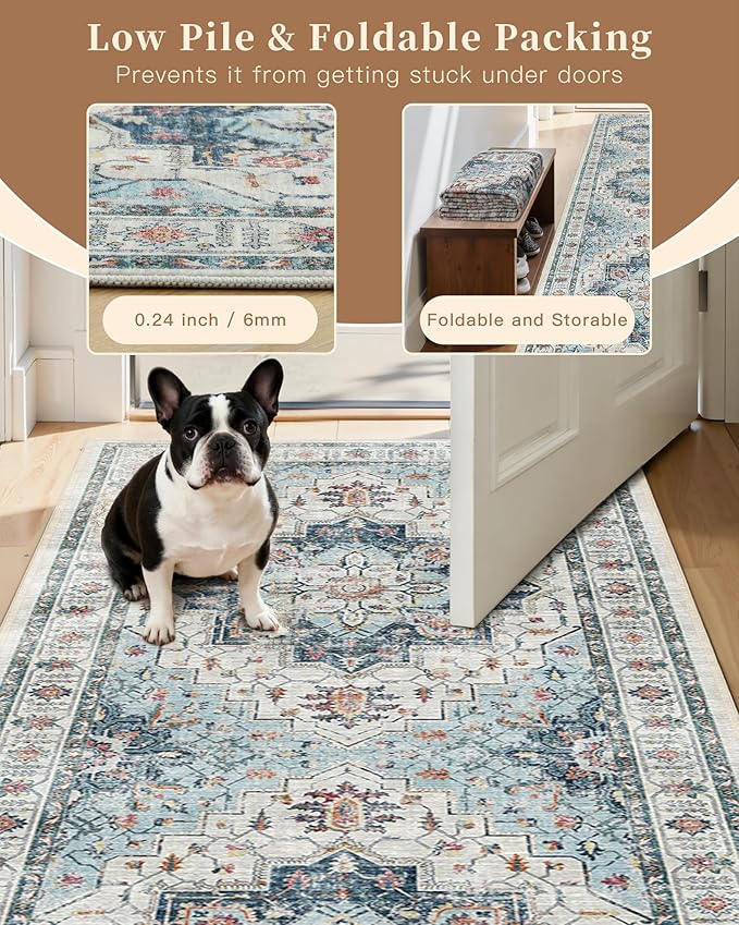Madane Hallway Runner Rug 2'6''x10' Kitchen Runner, Non Slip Vintage Runners for Hallways Washable Kitchen Rugs Soft Low Pile 2.5x10 ft Rug Runner for Laundry Room, Entryway and Bedroom, Blue