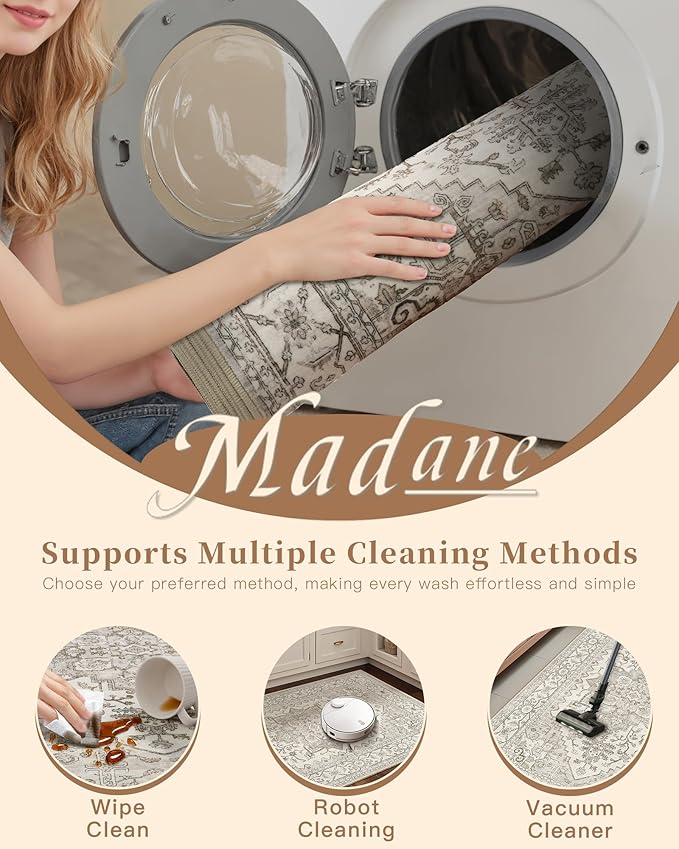 Madane Washable Entry Rug 3x4, Area Rugs for Entryway Kitchen Bathroom Door Mat Indoor Entrance, Vintage Floral Print Office Runner with Non Slip Rubber Backing, Beige/Brown